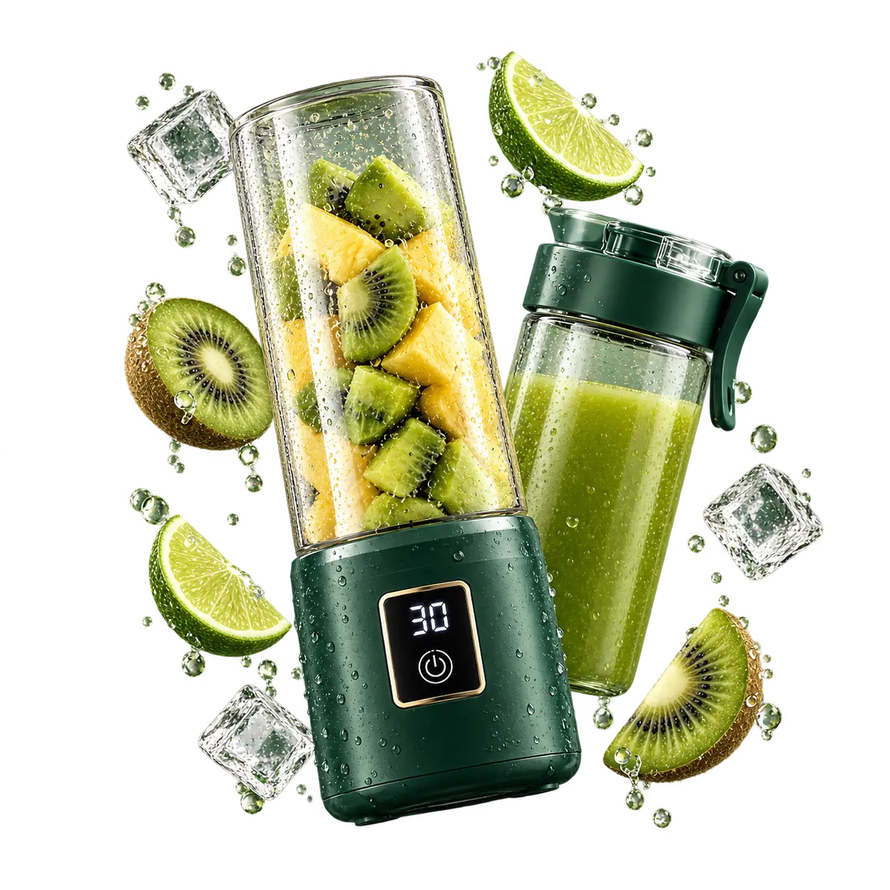 Forest green BLENDOVE blender and drinking cup floating among fresh fruit and ice