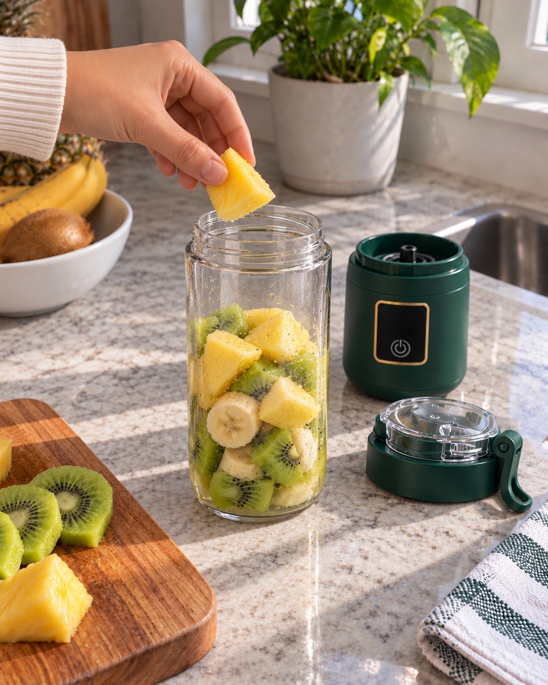 Adding pineapple to the open BLENDOVE cup with kiwi and banana; motor base and drinking lid sit alongside