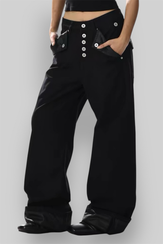 Black Selvedge Button Wide Leg Denim