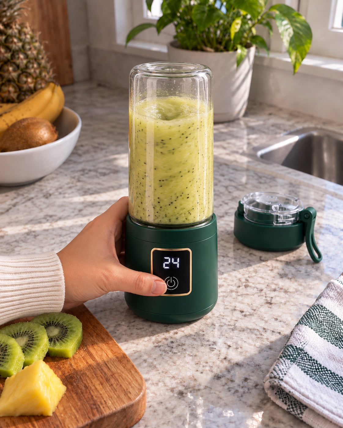 Pressing the power button on the assembled forest-green BLENDOVE as the ingredients blend into a smoothie