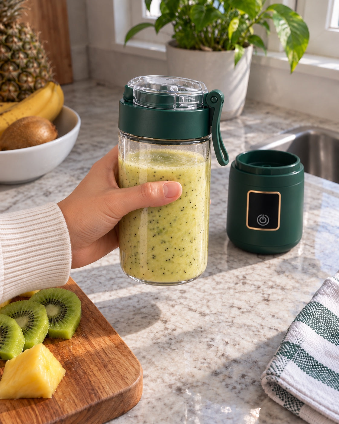 Holding the finished smoothie in the BLENDOVE cup with its drinking lid fitted and motor base left on the counter