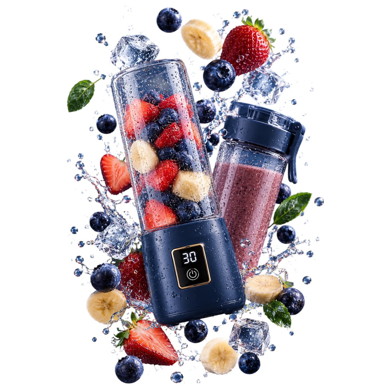 Midnight blue BLENDOVE with berries, banana and ice